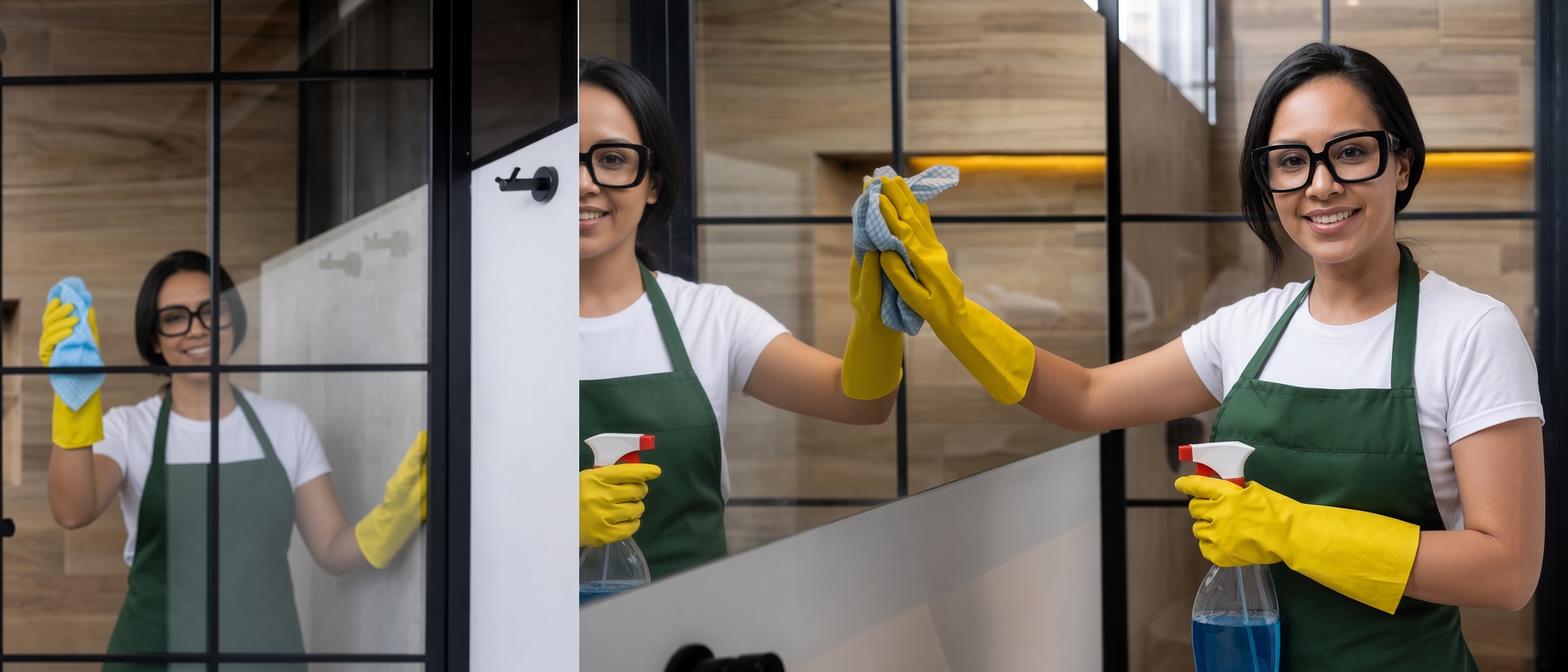 Smiling cleaner in yellow gloves wiping a glass partition, reflected in the glass beside her