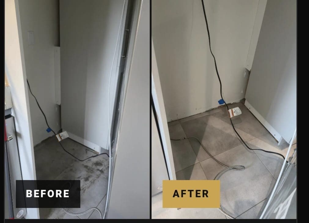 Laundry closet before and after cleaning: a stained floor on the left, the same tiles washed clean on the right