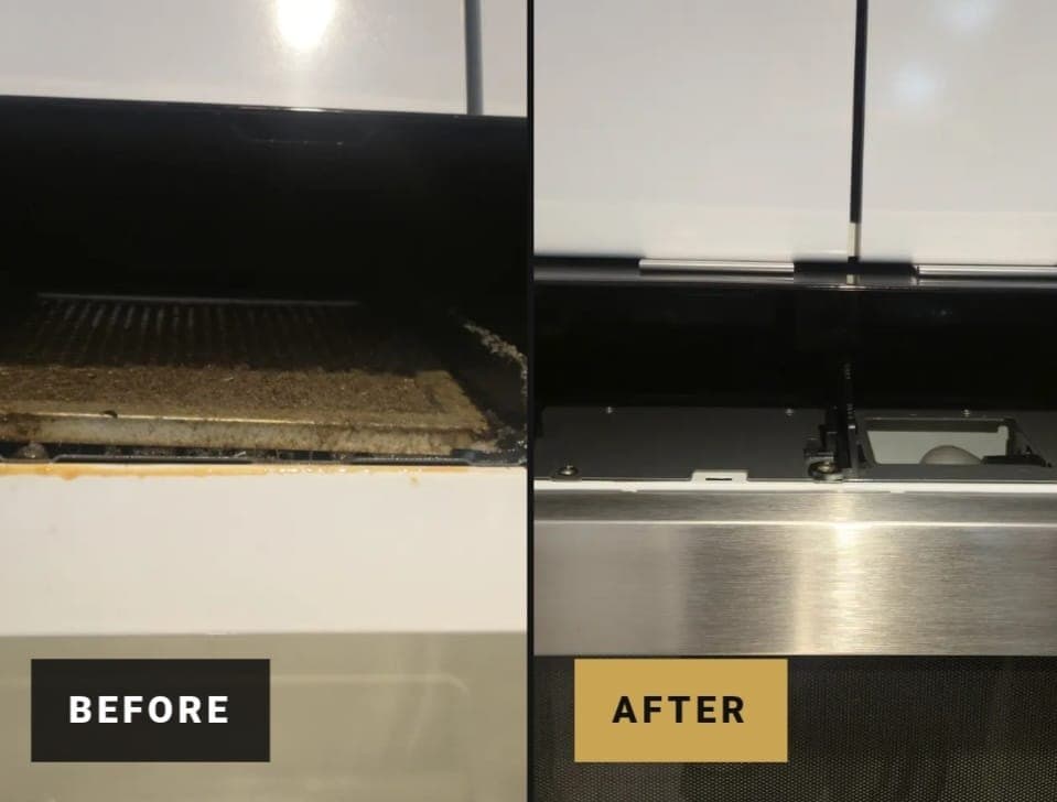 Range hood before and after cleaning: a greased filter and trim on the left, the same hood degreased and polished on the right